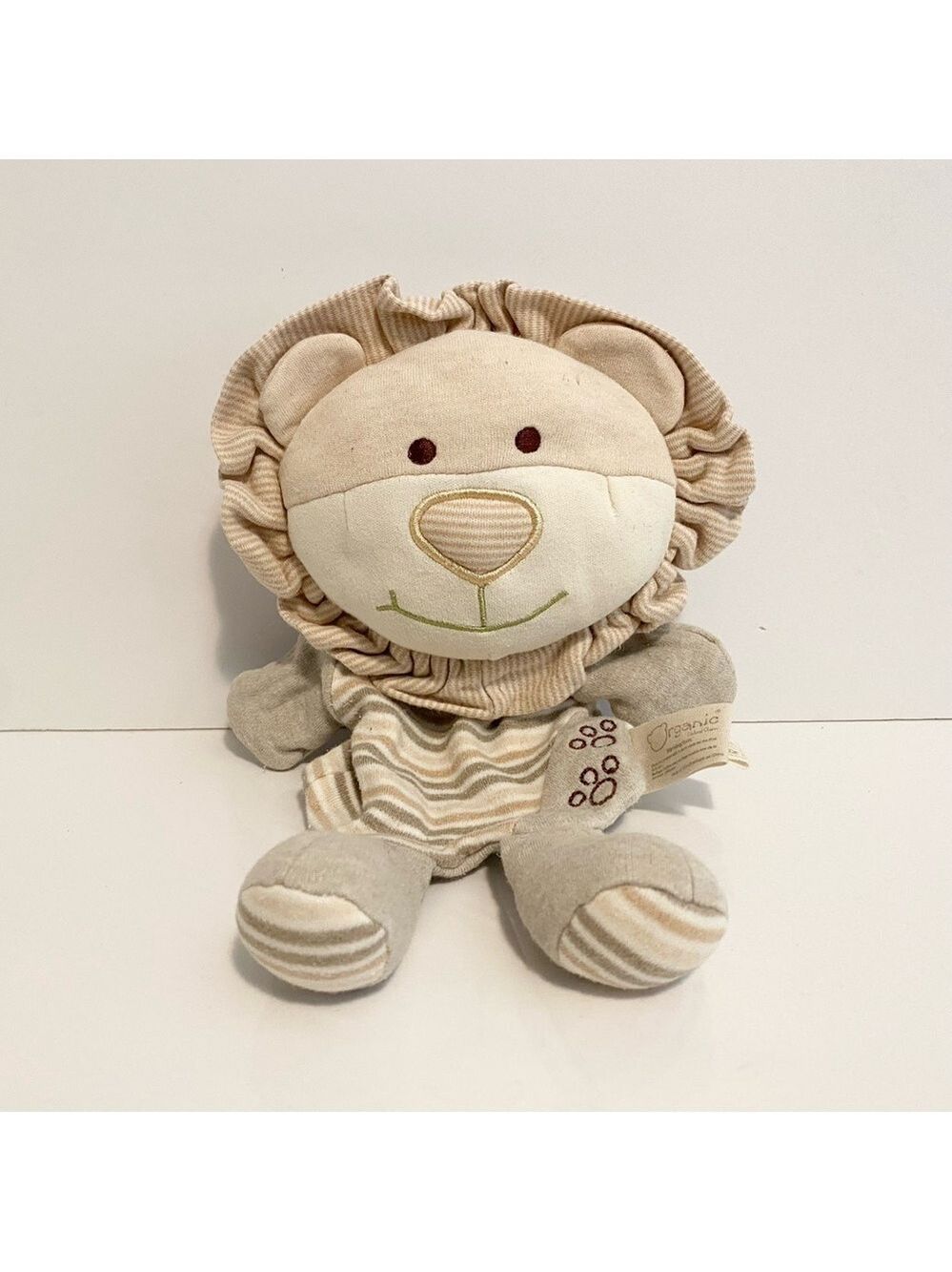 Orangic Cotton Baby Toy Lion Lovey Striped Hand Puppet Tan Soft Cuddle